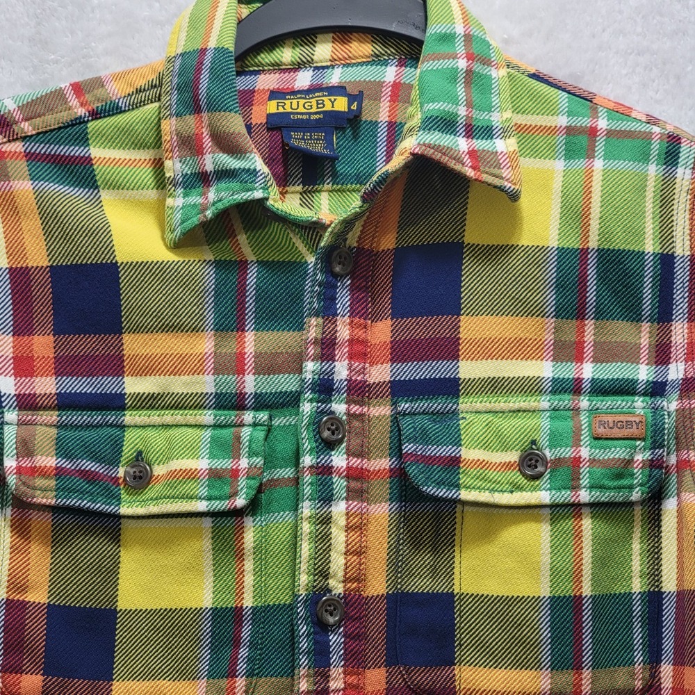 Vtg Ralph Lauren RUGBY Womens Sz 4 Colorful Plaid Flannel Shirt L/S Button Down